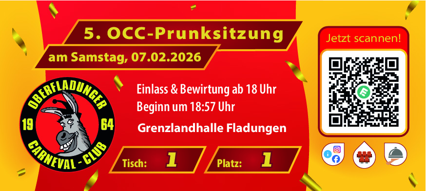 Vorderseite: Eintrittskarte der 5. OCC-Prunksitzung mit Tisch- und Platznummer und QR-Code
