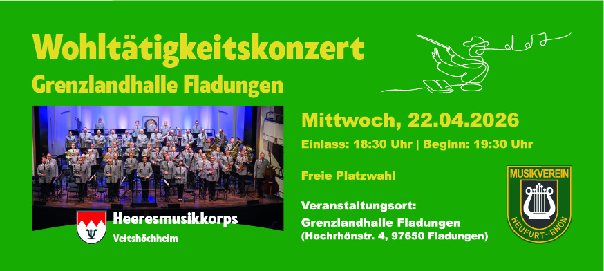 Vorderseite: Eintrittskarte für ein Wohltätigkeitskonzert in der Grenzlandhalle Fladungen mit freier Platzwahl